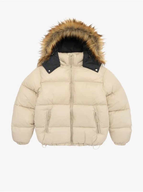 BEIGE FUR HOOD PUFFER