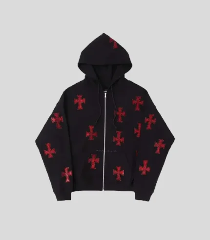 Unknown Black x Red Rhinestone Cross Zip Hoodie.webp