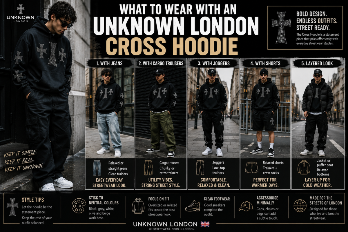 Unknown London Cross Hoodie: Style, Fit & Complete UK Streetwear Guide 4 Unknown London Cross Hoodie styled with other UK streetwear pieces
