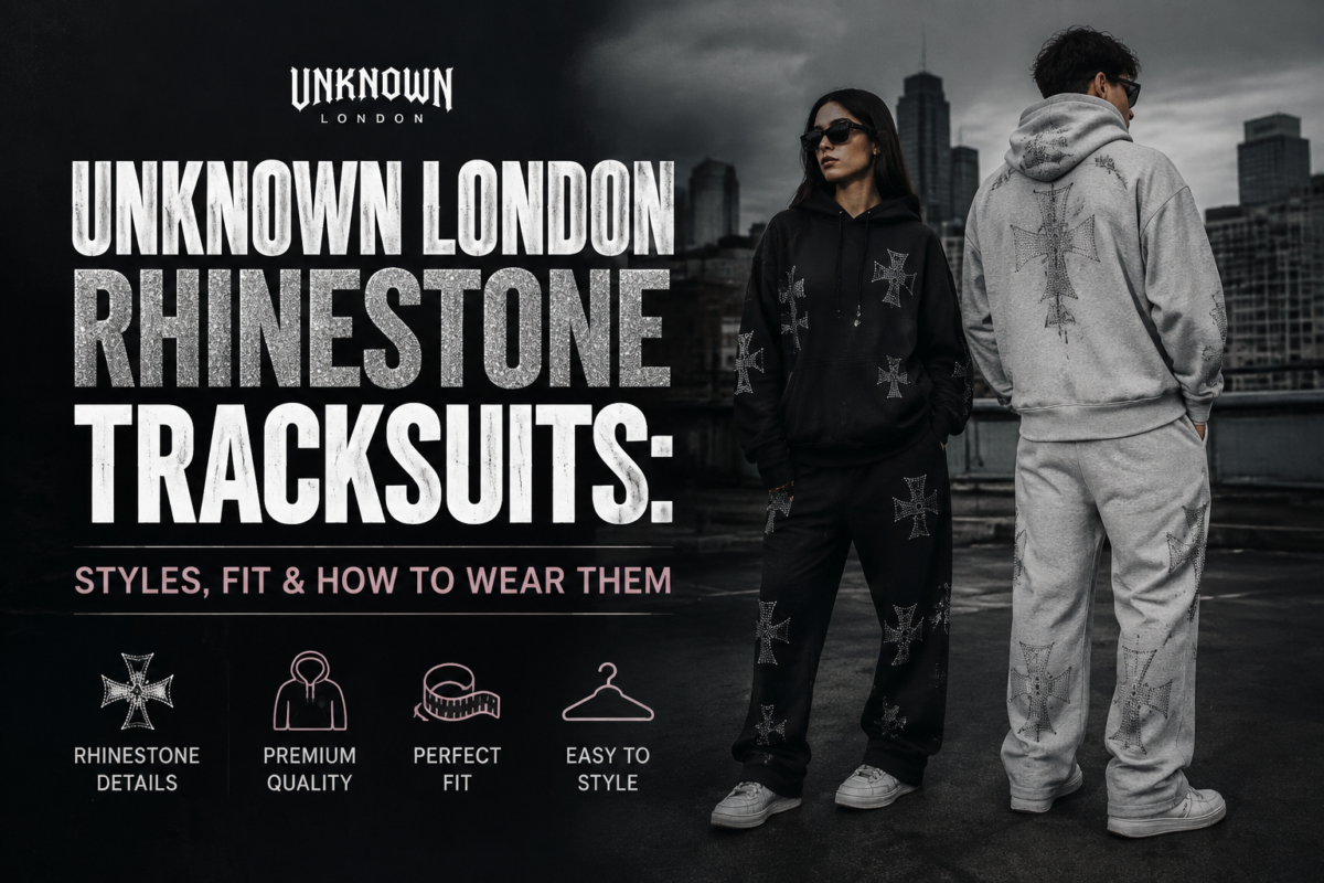 Unknown London Rhinestone Tracksuits in modern streetwear style