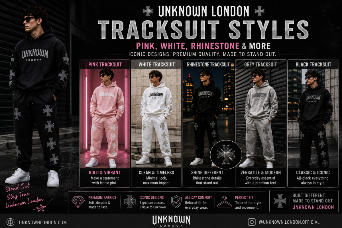 Unknown London tracksuit styles in pink, white and rhinestone designs
