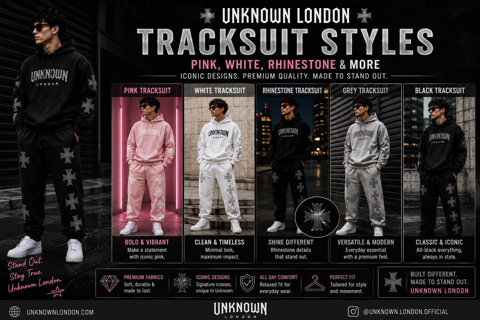 Unknown London tracksuit styles in pink, white and rhinestone designs