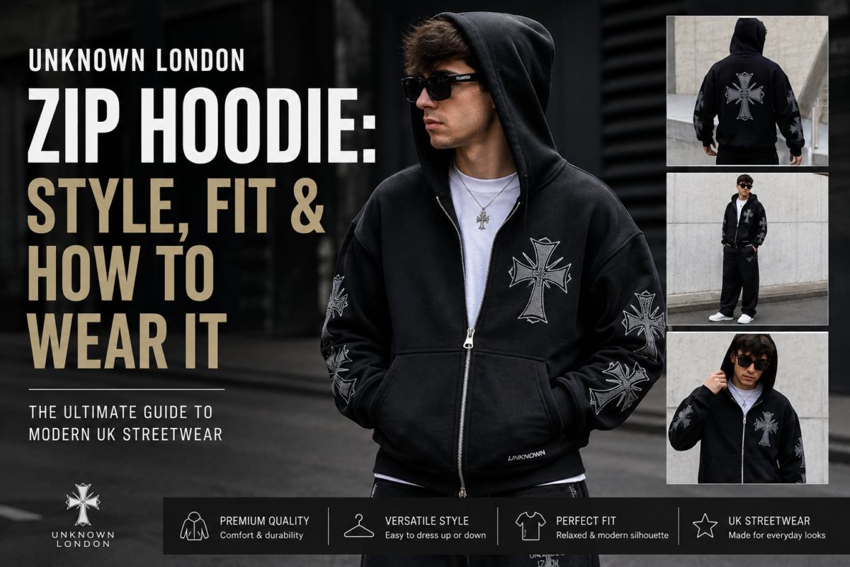 Unknown London Zip Hoodie styled for modern UK streetwear