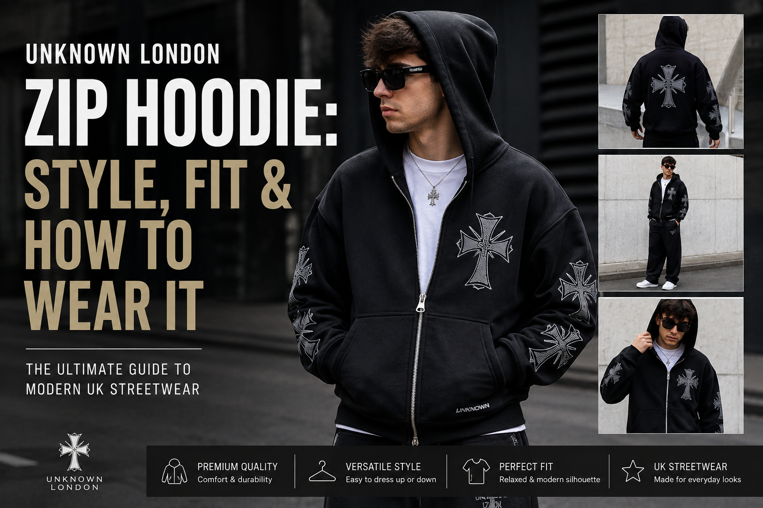 Unknown London Zip Hoodie styled for modern UK streetwear